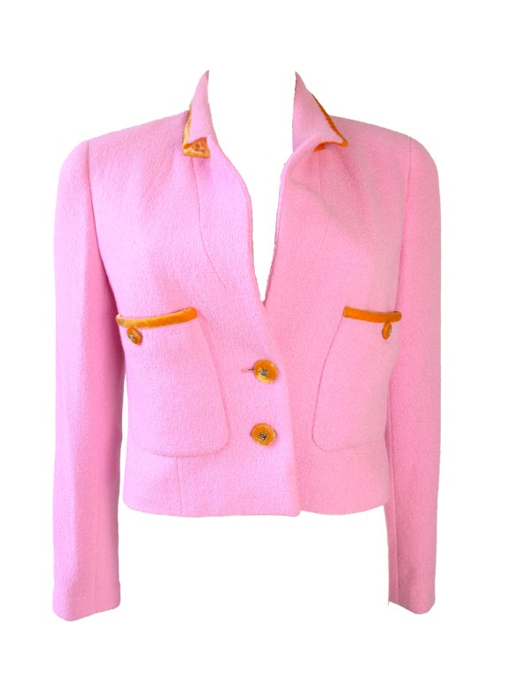 Chanel pink wool suit with orange velvet trim circa 1996. Jacket: 37