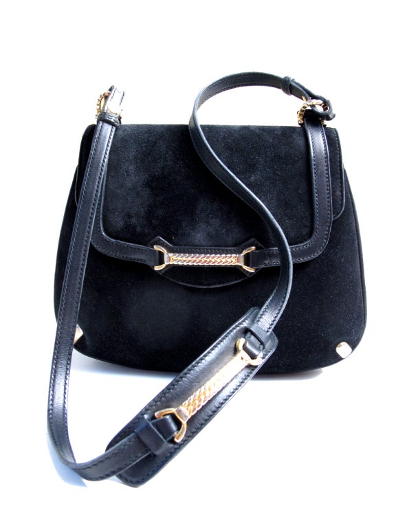 1973 Gucci black suede shoulder bag with original box. 10 1/2