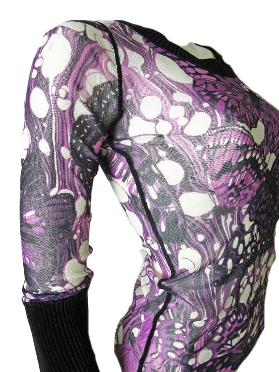 Gaultier stretchy nylon mesh purple and cream top with butterfly pattern and velour black cuffs and collar.  30