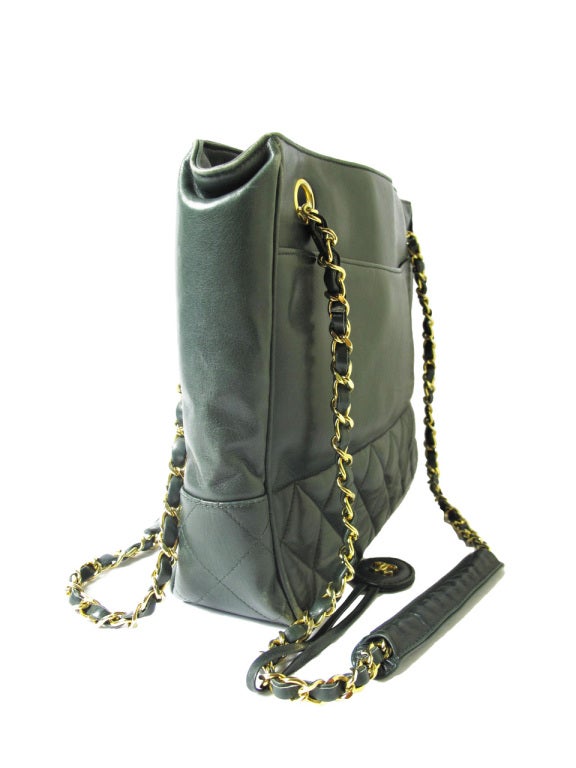 Chanel dark green leather tote bag with gold chain.  11