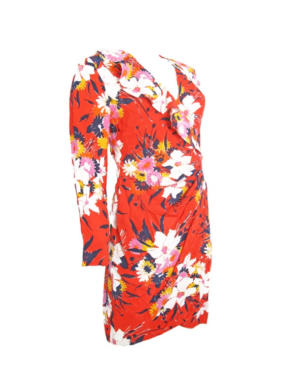 Ungaro red floral silk wrap dress.  Condition: Excellent, Never worn, original tags still attached.   35