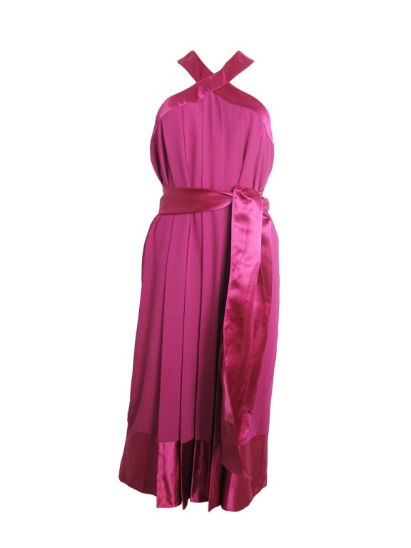 Pierre Cardin pink car wash polyester dress with silk satin trim, 1980s For Sale at 1stdibs