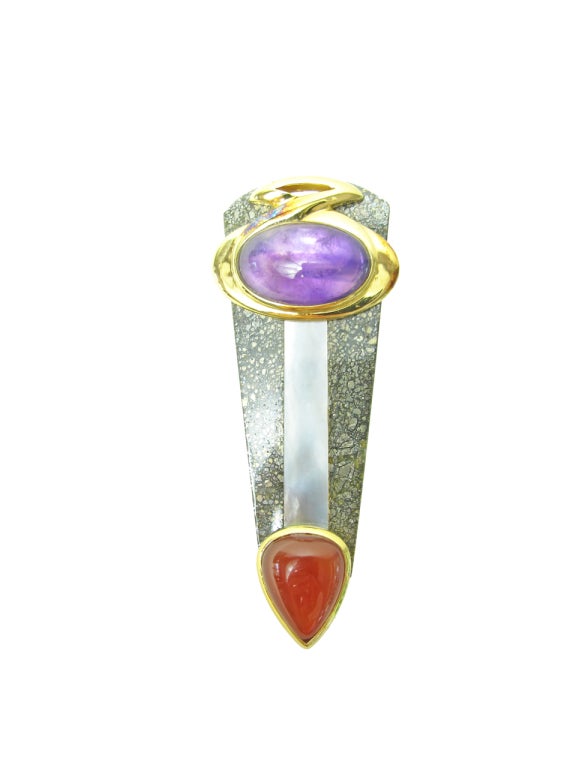 Kai Yin Lo pin and ring set.  Condition: Excellent. Signed Kai Yin Lo.  Vermeil, grey mother of pearl, amethyst and carnelian. Pin: 3