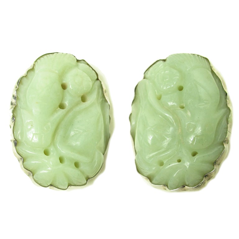 Rebecca Collins Large Carved Jade and Sterling Earrings