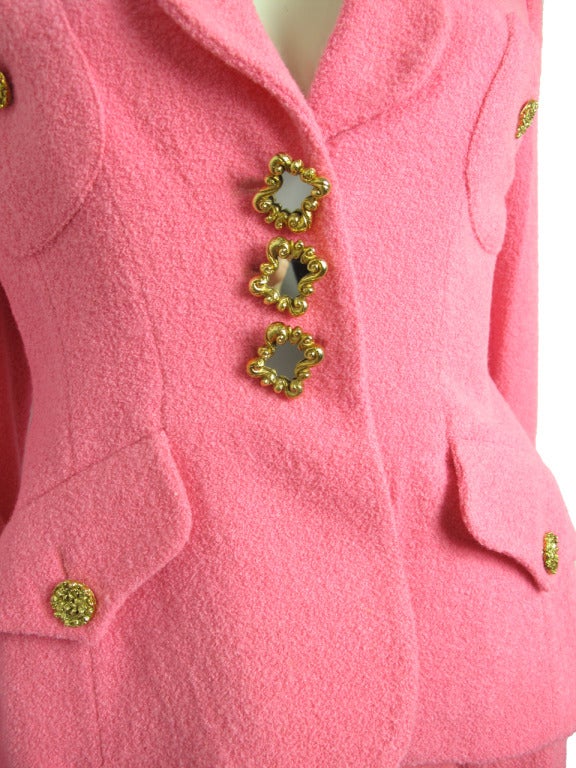 Lolita Lempicka pink wool suit with mirrored buttons.  Condition : Excellent, original tags still attached. Originally $1500.00   Skirt: 27