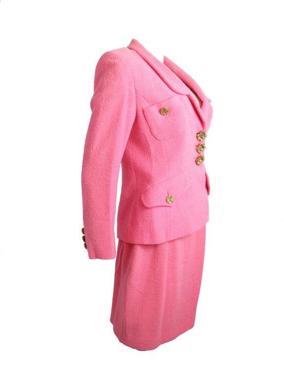 1980s pink Lolita Lempicka suit with mirrored buttons In New Condition In Austin, TX