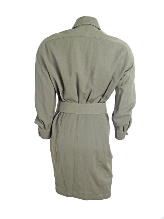 Thierry Mugler army green light wool dress with removable belt. Two front pockets, quilting on shoulders.  40