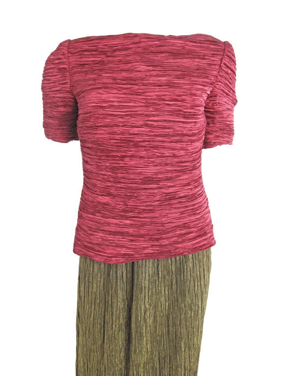 Mary McFadden Couture maroon short sleeve silk top and gold pleated skirt.  Top: 36