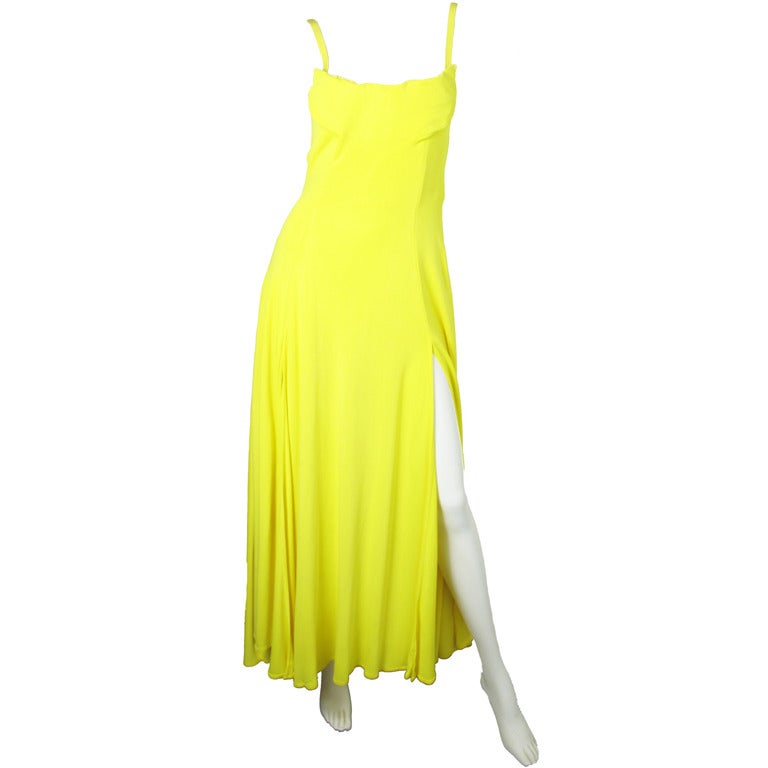 1990s Versace Couture yellow slashed evening gown