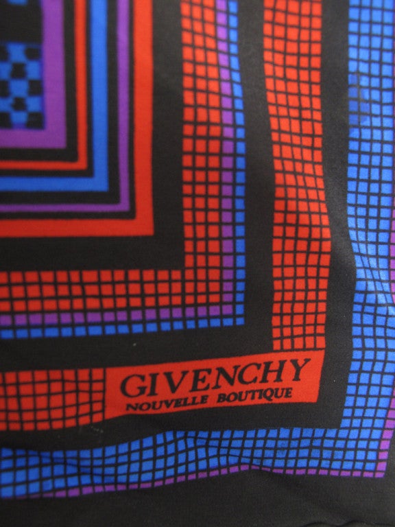 1980s Givenchy silk red, blue, purple, check scarf with black border.  Condition: Excellent 
size:  30
