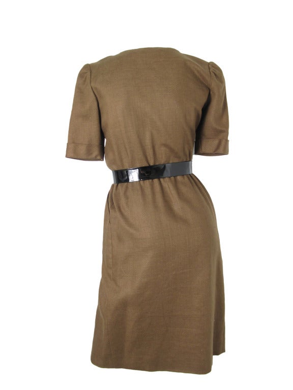 Oscar de la Renta brown linen dress with black patent belt.  33