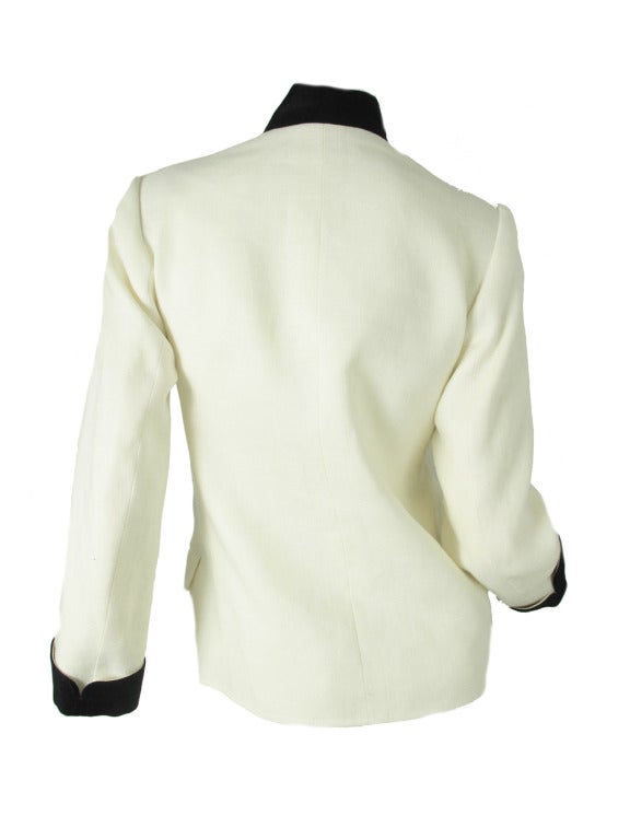 Vintage Yves Saint Laurent Rive Gauche white linen blazer with black collar and cuffs. 35
