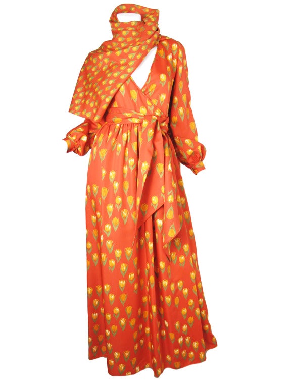 Mollie Parnis silk floral gown with belt and wrap. Fitted at waist and cuffs.  38