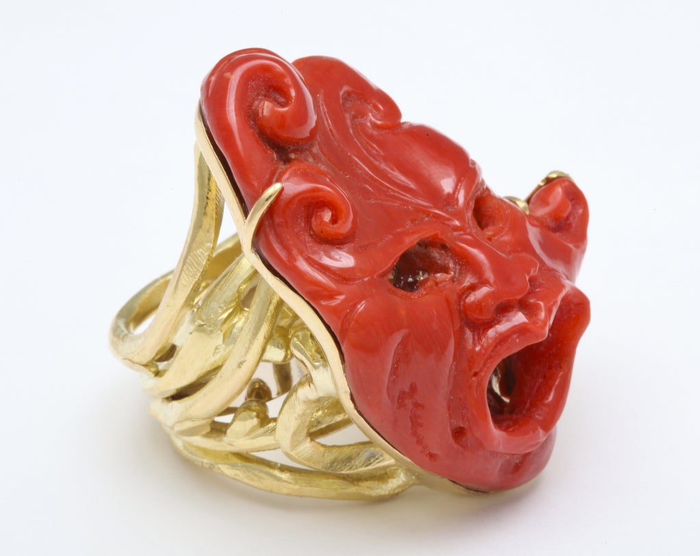 Women's Incredible Coral and Diamond Mask Ring, by Michael Kanners