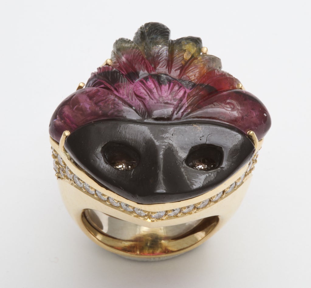 Contemporary Michael Kanners Tourmaline Diamond Gold Mask Ring