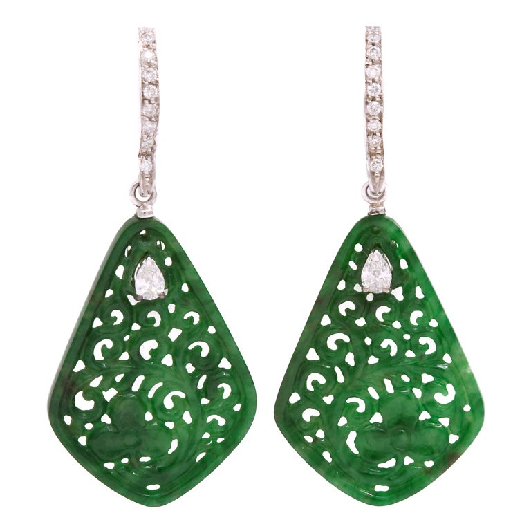 Carved Jade and Diamond Drop Earrings, by Michael Kanners