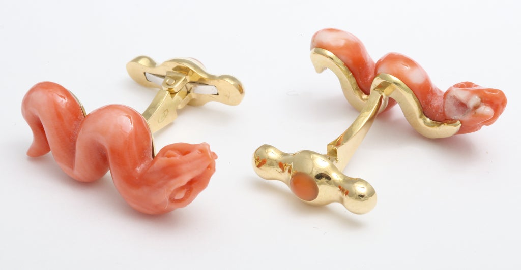 Contemporary Michael Kanners Enamel Coral Gold Snake Cufflinks