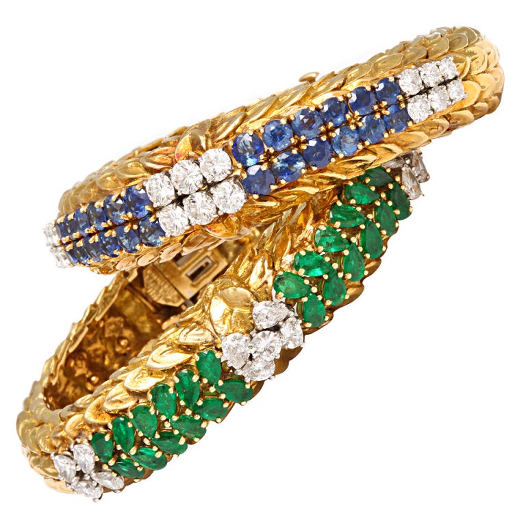 David Webb pair of sapphire, emerald and diamond bracelets