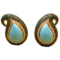 Vibrantly Colored Turquoise, Tsavorite & Diamond Earclips