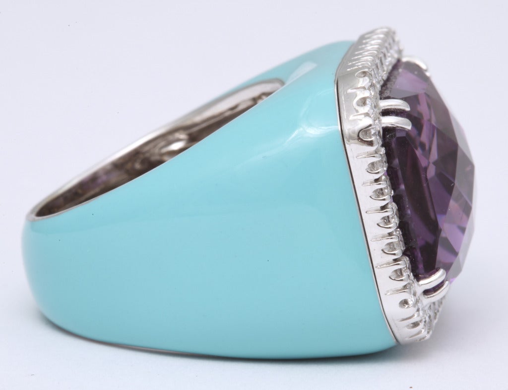 Amethyst, Turquoise Enamel and Diamond Ring In New Condition In Bal Harbour, FL