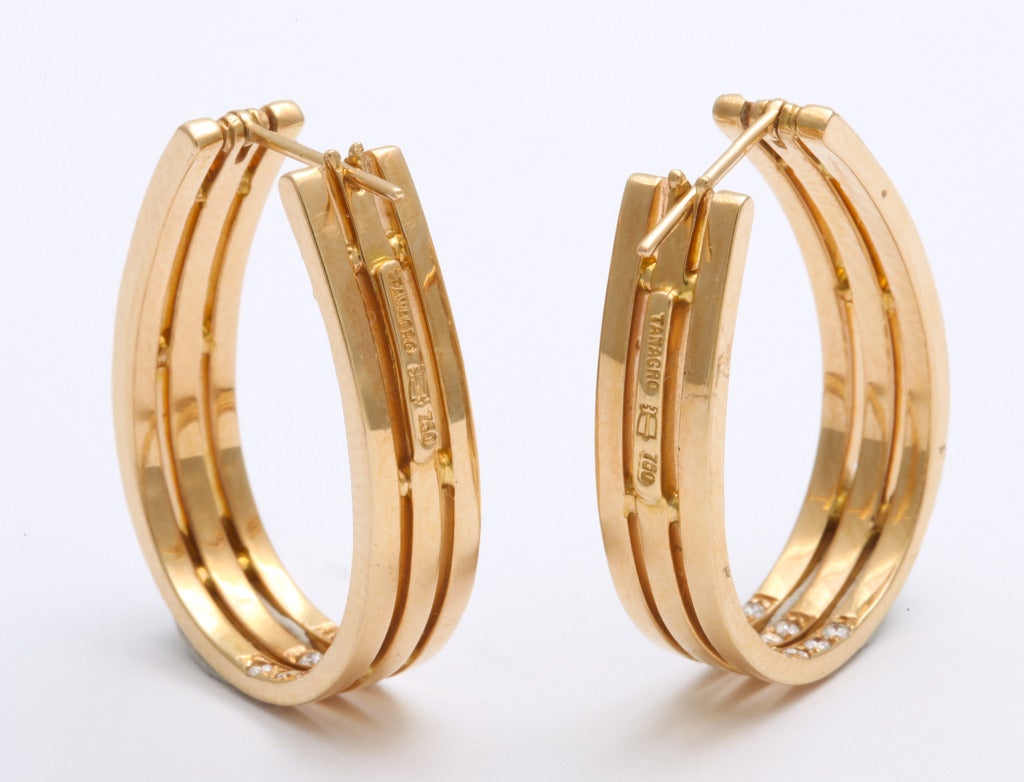 Contemporary Three-Row Diamond Gold Hoop Earrings
