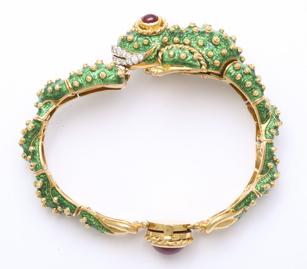 Women's Original David Webb Green Enamel Ruby Diamond Frog Bracelet