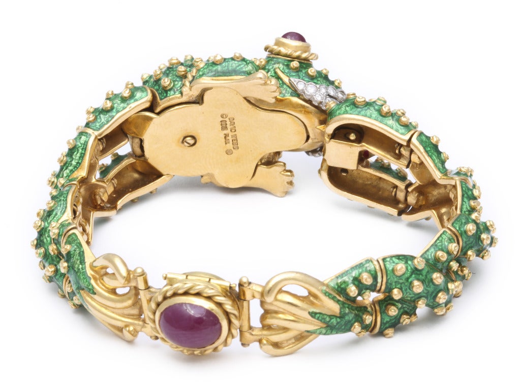 Original David Webb Green Enamel Ruby Diamond Frog Bracelet 1