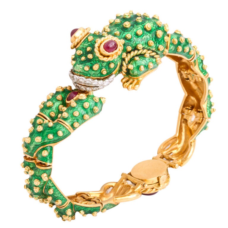 Original David Webb Green Enamel Ruby Diamond Frog Bracelet