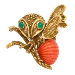 Vintage Erwin Pearl Coral and Chrysoprase Bee Pin