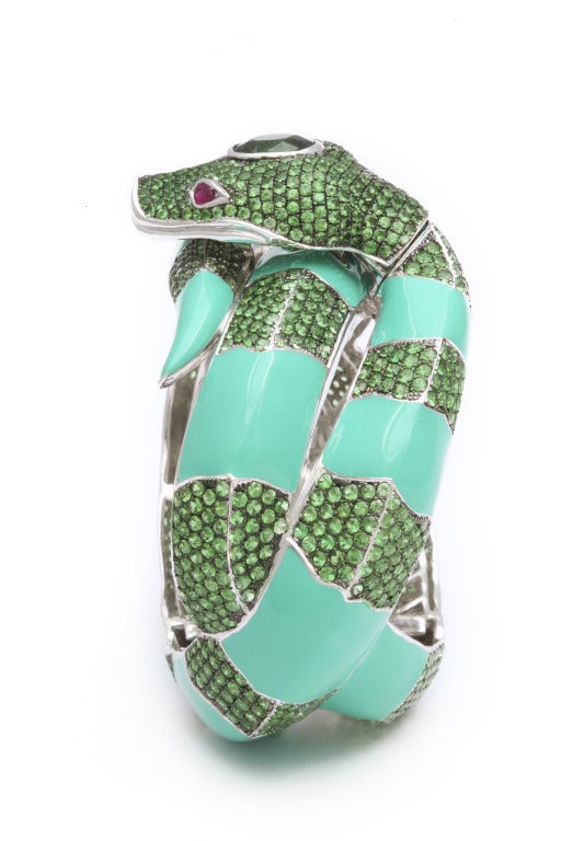 Women's Green Tourmaline Tsavorite Ruby Snake Bracelet