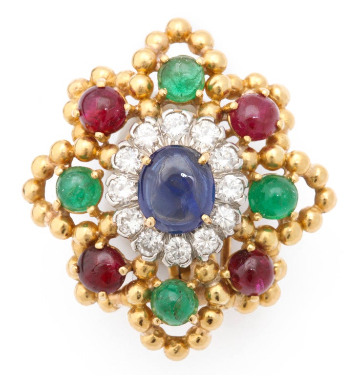 David Webb Ruby Emerald Sapphire Diamond Earclips In Good Condition For Sale In Bal Harbour, FL