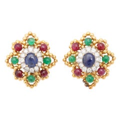 Vintage David Webb Ruby Emerald Sapphire Diamond Earclips