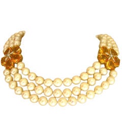 Elegant Triple Strand Pearl, Citrine and Diamond Flower Necklace 4