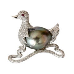Charming Tahitian Pearl & Diamond Duck Brooch