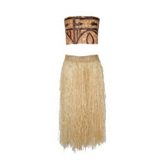 1930s Grass Hula Skirt & Painted Barkcloth Kapa, Tongan or Samoa