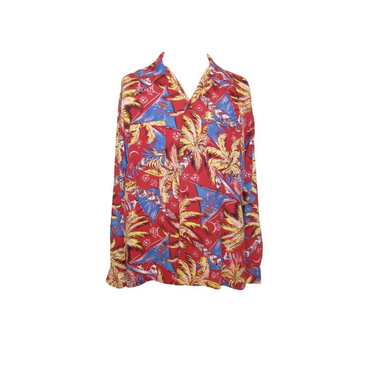 1940s Rayon Hawaiian Shirt, Rare Long Sleeves For Sale 1