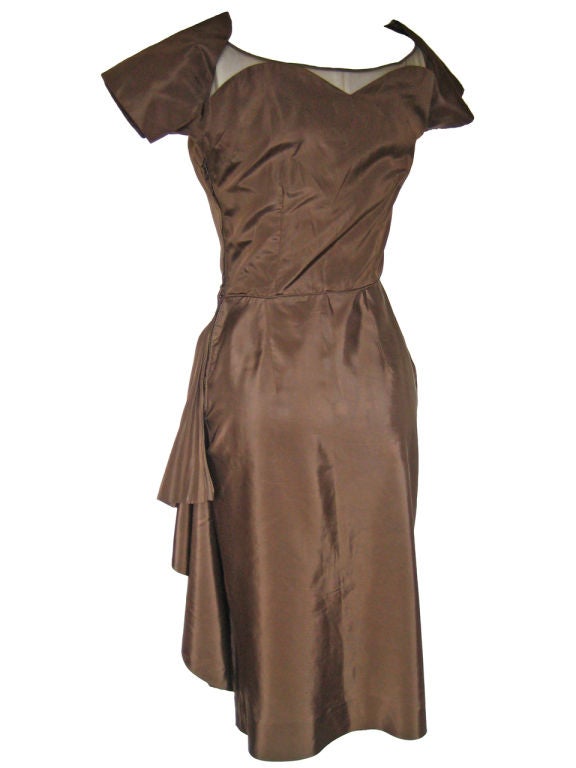 Ceil Chapman 1950s Brown Silk Dress
