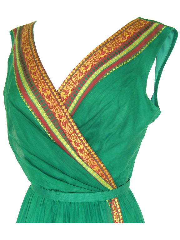 Women's 1950s Green Cotton Summer Gown w/ Ethnic Ribbon Detail For Sale