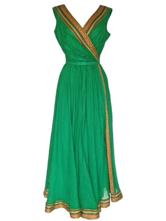 1950s Green Cotton Summer Gown w/ Ethnic Ribbon Detail For Sale 2