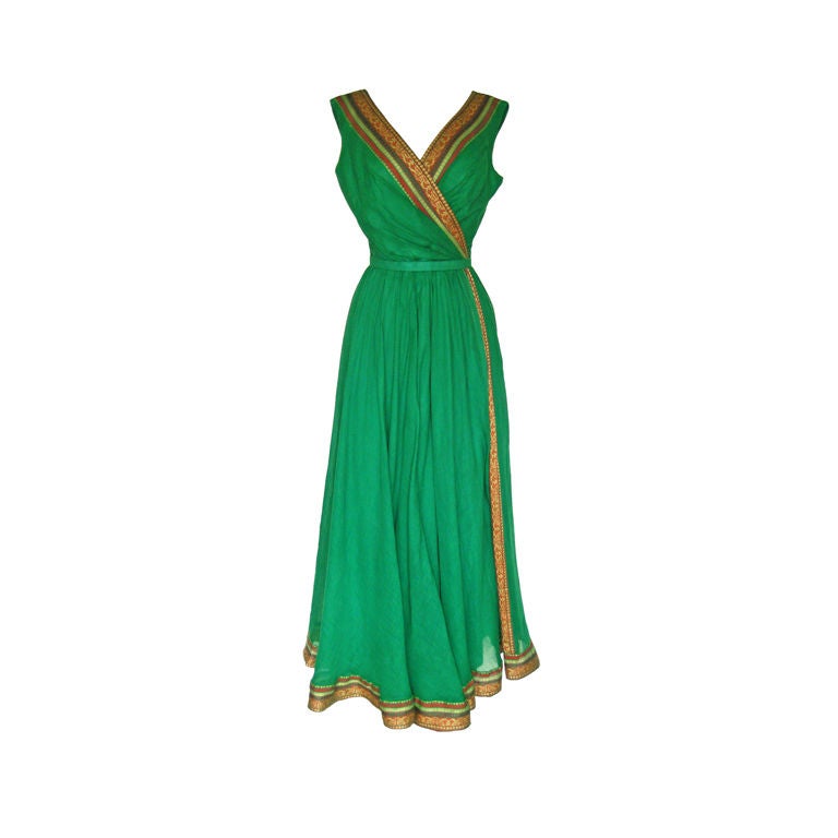 1950s Green Cotton Summer Gown w/ Ethnic Ribbon Detail For Sale