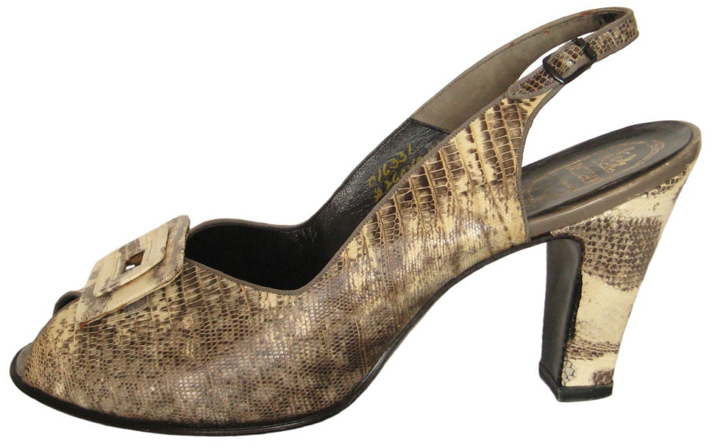 1940s Delman Ring Lizard Peep Toe Sling-back Shoes For Sale 2