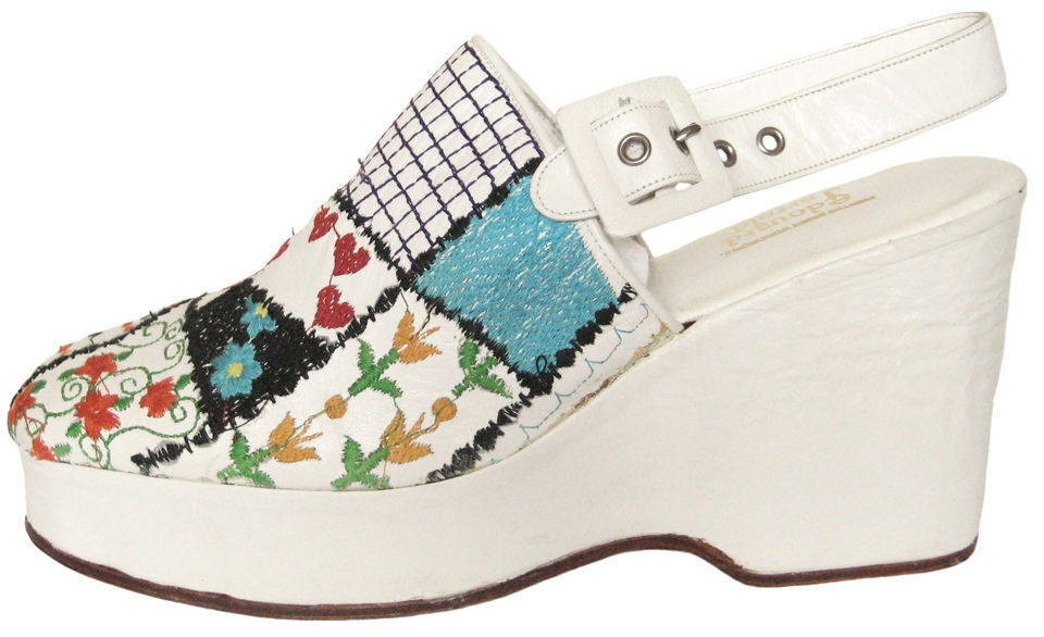 1970s Never-worn Embroidered White Leather Platforms