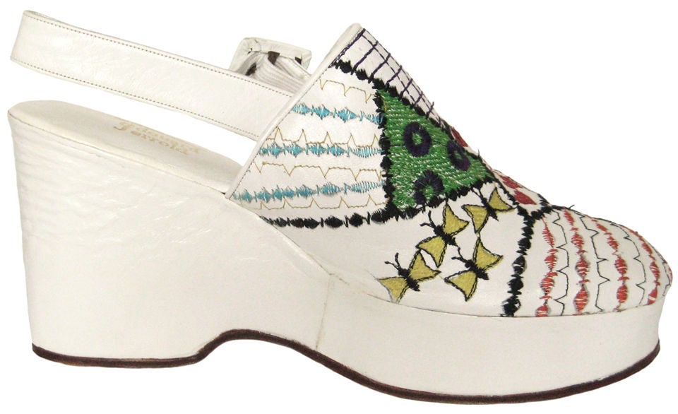 Women's 1970s Never-worn Embroidered White Leather Platforms For Sale