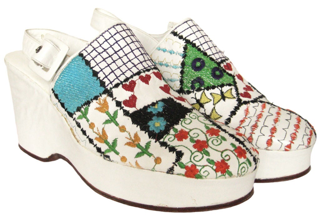 1970s Never-worn Embroidered White Leather Platforms For Sale 4