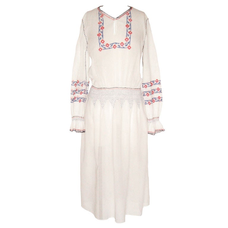 Early Ethnic Embroidered Lawn Dress For Sale
