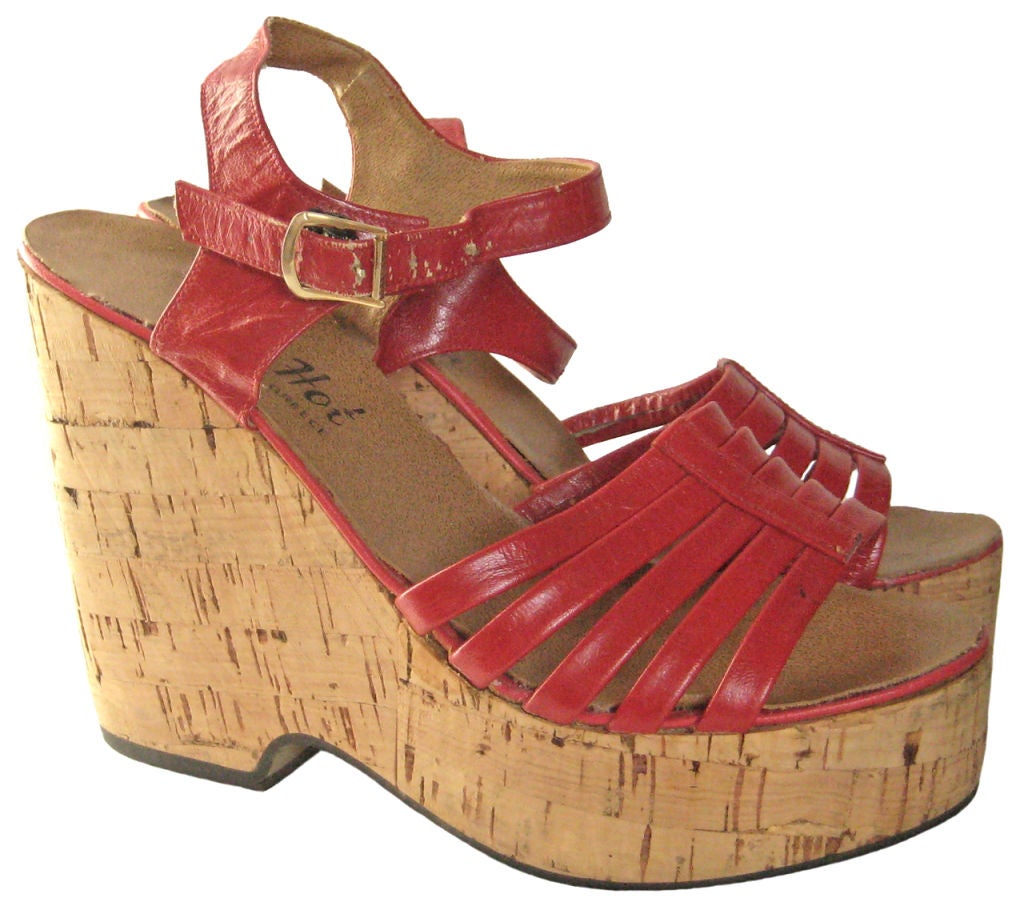 Women's 1970s Red Hot Cork Platform Sandals For Sale