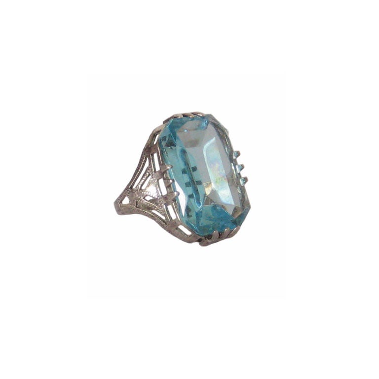 1920s Sterling Filigree Ring w/ Faux Aquamarine For Sale