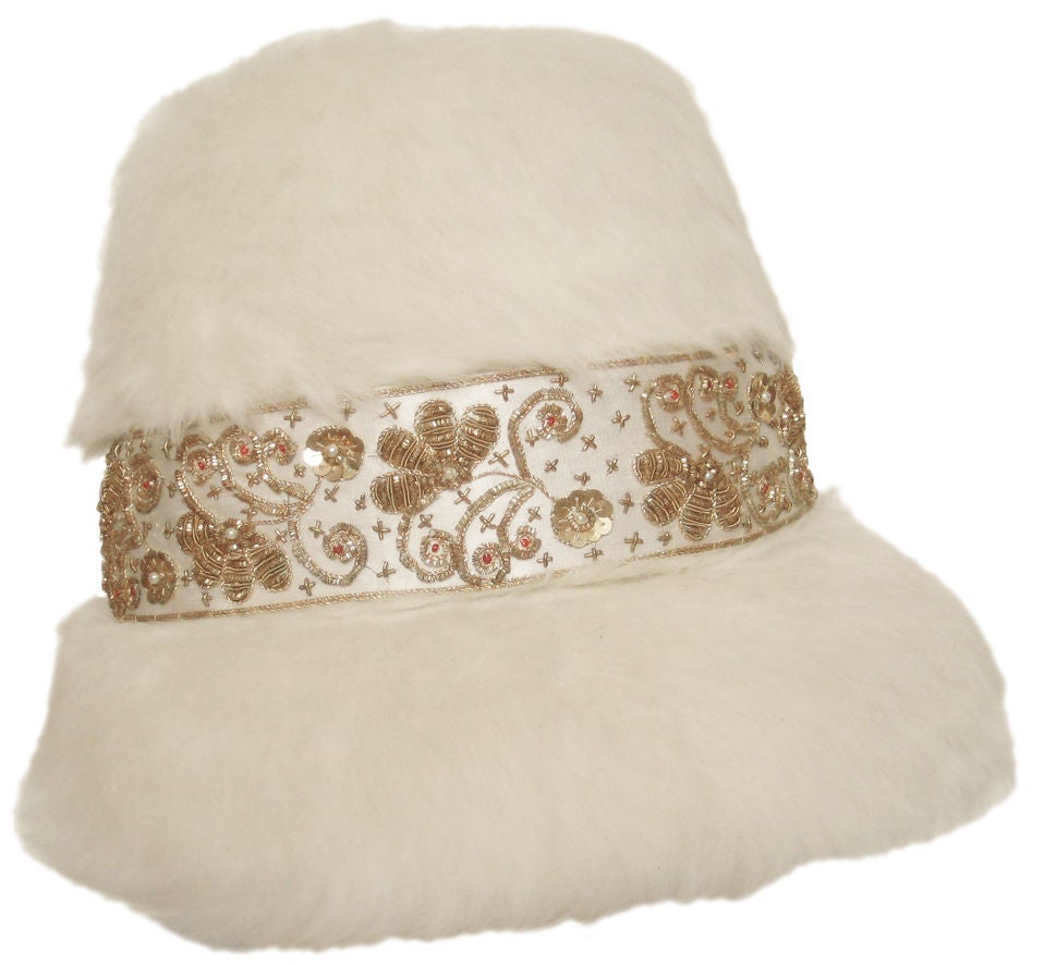 1960s White Rabbit Fur Hat With Ornate Band