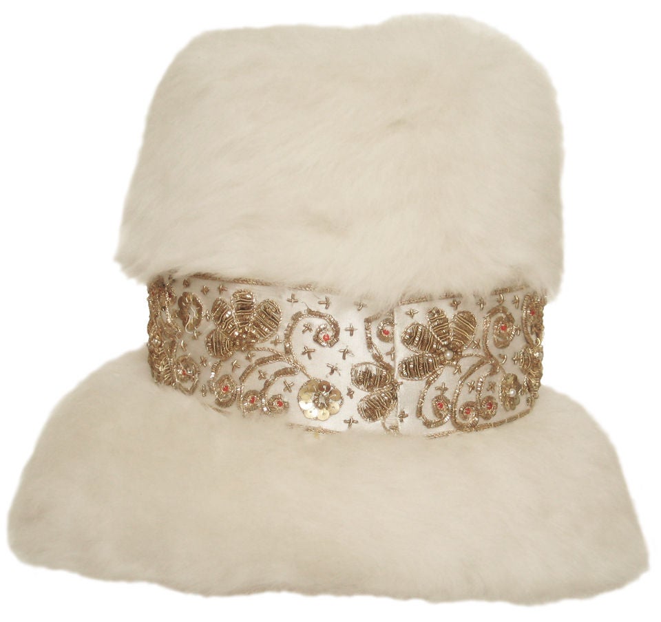 Women's 1960s White Rabbit Fur Hat With Ornate Band For Sale
