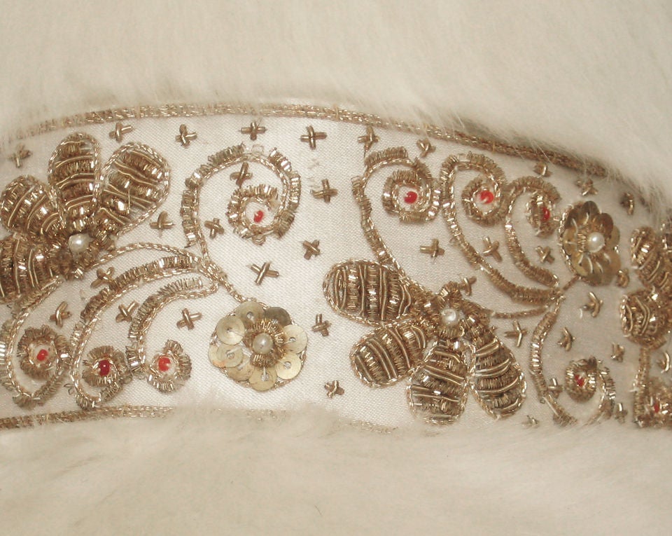 1960s White Rabbit Fur Hat With Ornate Band For Sale 1